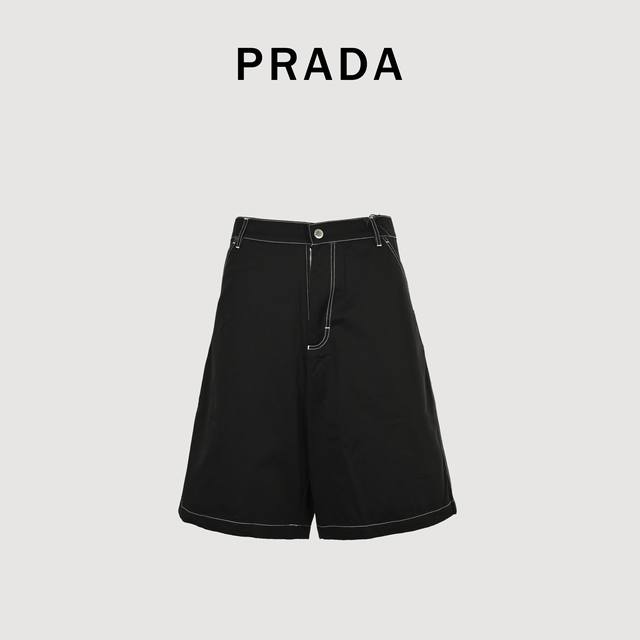 Prada普拉达Prd 三角标明线工装短裤 定织10*10高密斜纹活性黑全棉食毛面料，三角标采用红外线定位，小型模板机 画圆机 定位车缝，定制1:1 Prada