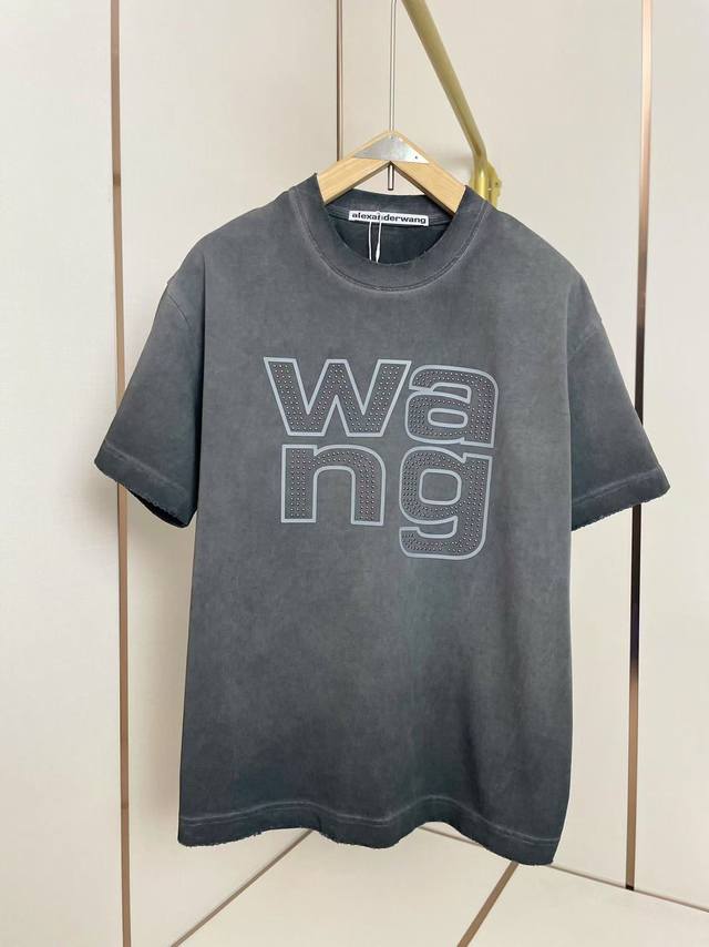 亚历山大王新款柳丁字母Logot恤 380克纯棉面料 重磅洗水做旧 破坏磨破处理 廓形落肩 Oversize版型 灰色 男女同款 码数S-Xxl