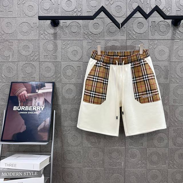 Burberry 巴宝莉 格纹拼接字母Logo刺绣 2025Ss新款针织短裤，定制面料采用威化布织法，超高端针织工艺，版型紧致立体，定制裤绳五金质感强，顺滑，上