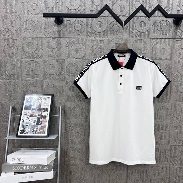 Balmain 巴尔曼 五金铁牌字母Logo徽章织带手袖拼接 翻领Polo衫 升级，灵感源自八十年代复古 原版面料 官方同款 定制 同缸染面料 手感非常舒服 春