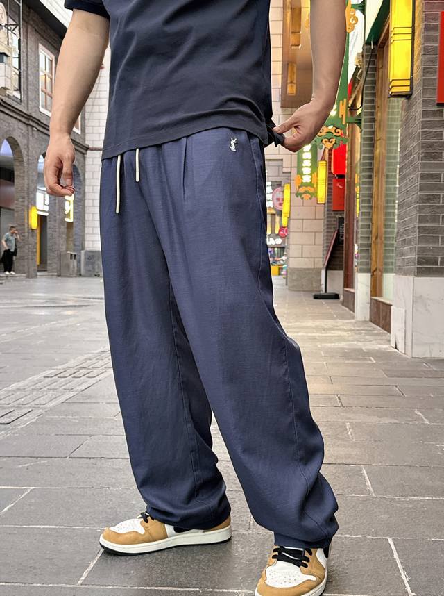 Slss春夏新款进口天丝亚麻混纺抽绳休闲裤，男士经典字母标识刺绣时尚靛蓝色直筒休闲长裤！贸易公司渠道稀出，同步官网发售！Slp新款休闲裤以其卓越的面料、独特的色