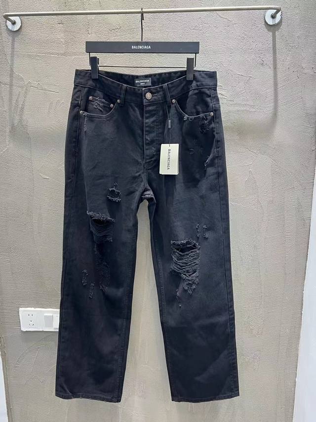 3101# 巴黎世家25Ss新款Balenciaga黑牛破坏割破牛仔直筒长裤.百搭休闲牛仔长裤.男女同款 码数：Xs.S.M.L