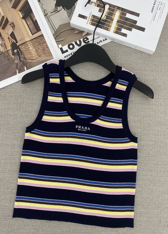 顶级原单配包装Prad* 25428春夏新品 彩虹色针织条纹棉质背心 Sml