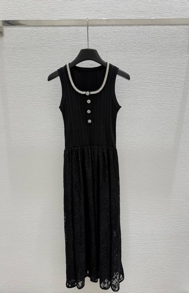 顶级原单配包装Ch家 32680夏季新款 钉钻针织花边背心裙 颜色：黑色 尺码：36.38.40