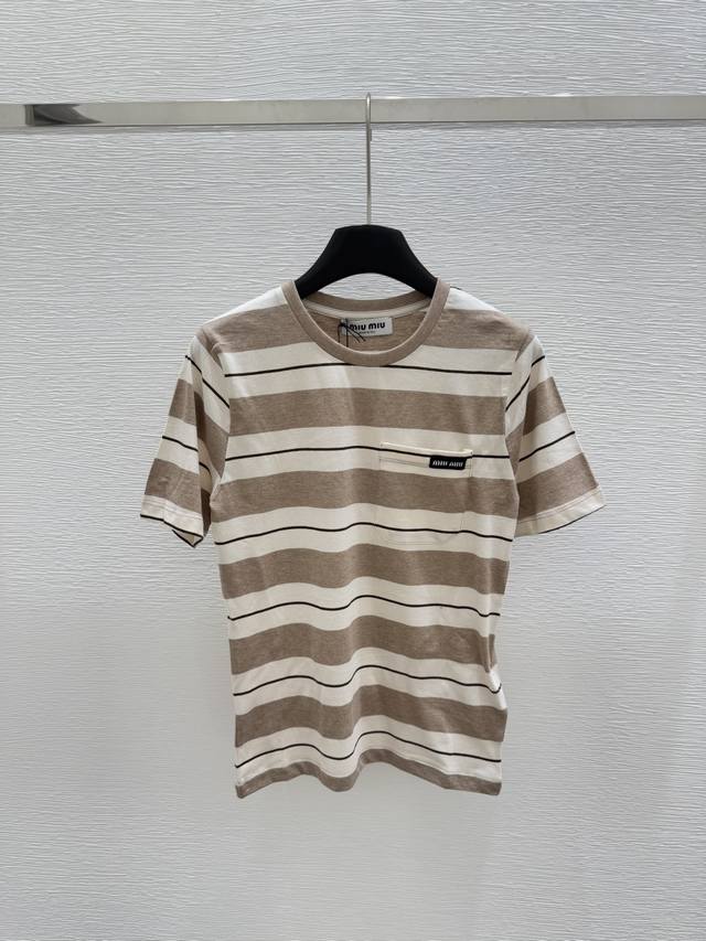 顶级原单配包装M家 32680 夏季新款 圆领条纹针织短袖 颜色：杏色 尺码：36.38.40