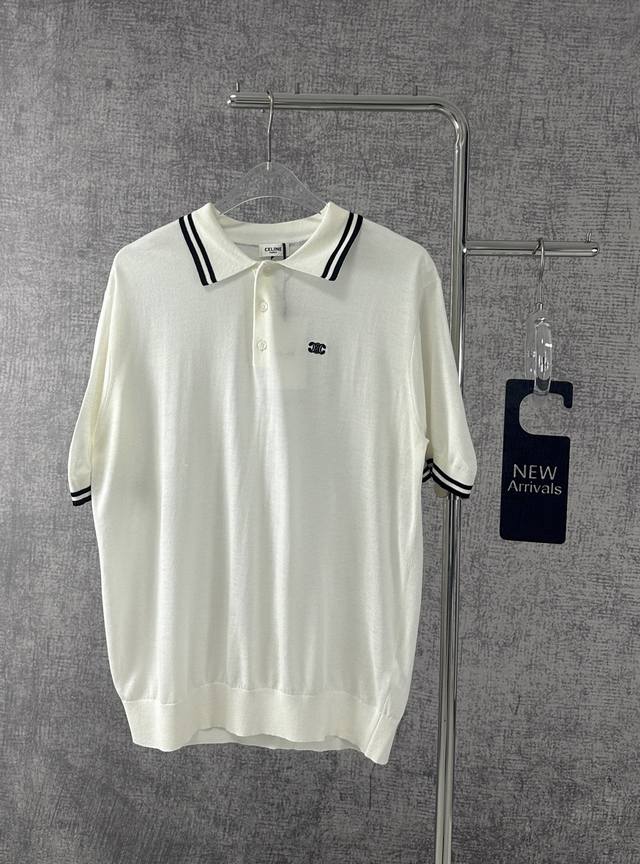 Y210S310Celine 赛琳2025新款凯旋门针织翻领Polo衫 简约而不失格调，Celine 这款针织白色Polo衫，经典版型邂逅精致细节。黑白撞色条纹