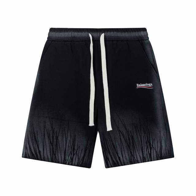 Balenciaga 巴黎世家 海浪字母刺绣2025新款 手绘涂鸦喷墨纹路 刺绣小字母Logo 男女日常通勤穿搭必备 休闲短裤 定制毛圈面料 进口田岛机刺绣工艺