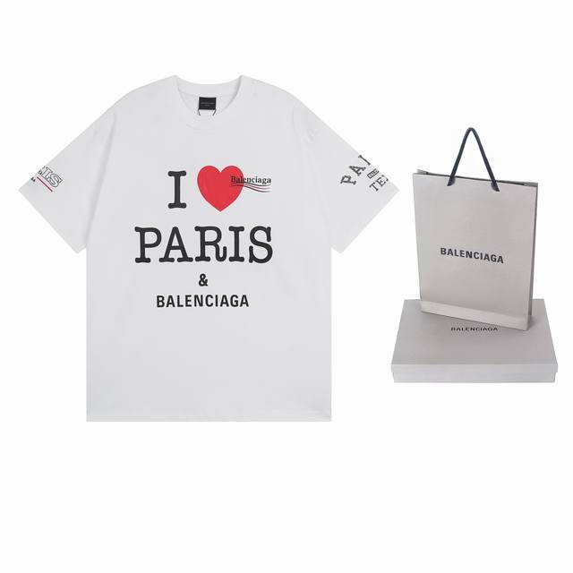 实拍图 顶级版本.官网品质 Balenci*Ga 巴黎.Ss25最新款，前面后面左右袖I Love Paris& Balenciaxx艺术印花短袖T恤.砖柜同步