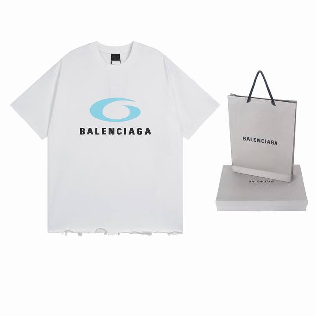 细节图 顶级版本.官网品质 Balenci*Ga 巴黎Balenci*Ga#25巴黎新款，前后经典Logo印花洗水磨烂破坏做旧下摆手工打磨短袖T恤.砖柜同步。做