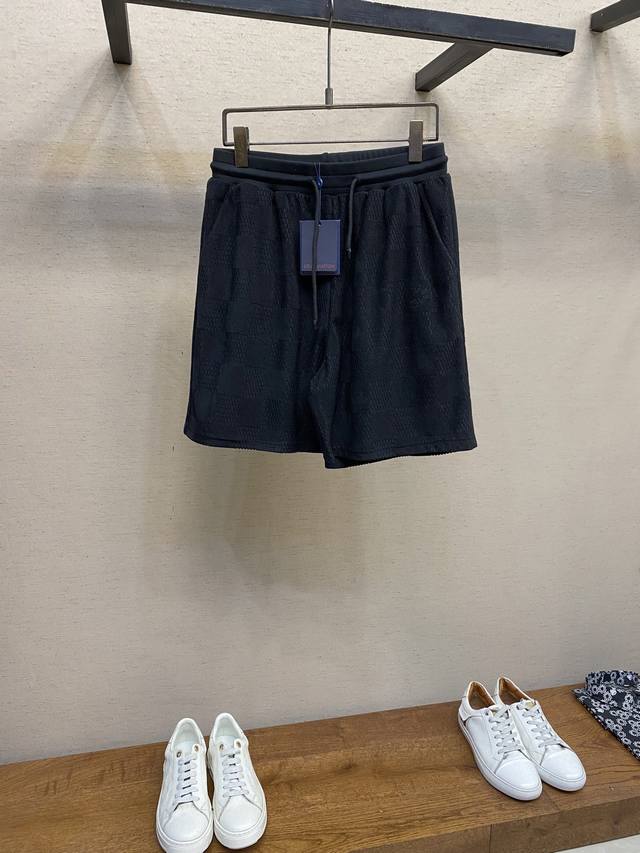 Lv、路易威登男士休闲裤黑色棉质毛圈提花织造Damier新款 尺码：S-Xl