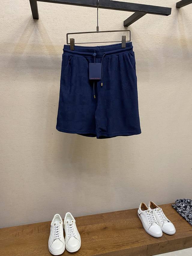 Lv、路易威登男士休闲裤蓝色棉质毛圈提花织造Damier新款 尺码：S-Xl