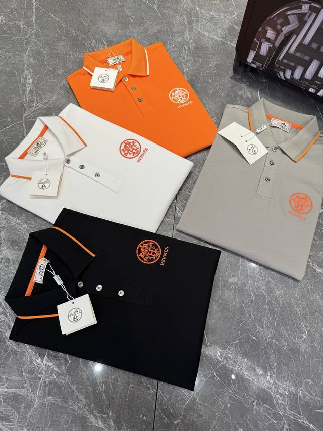 Hermes 25Ss春夏新款网眼珠地棉布翻领短Tee，男士经典标识刺绣商务休闲短袖Polo衫！贸易公司渠道稀出，同步官网发售！全新一季高端重磅级臻品，属于明星