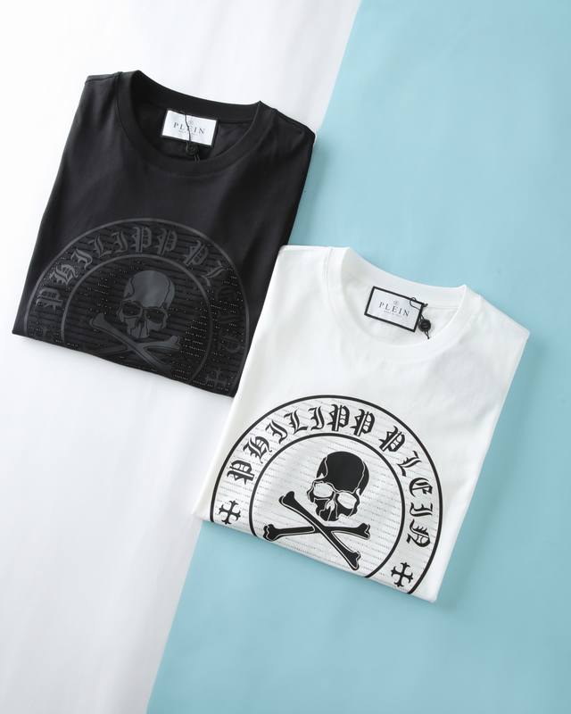 Pp 菲利*谱*因 25Ss春夏新款高支双丝光棉圆领短Tee，男士经典骷髅头胶印烫钻标识时尚休闲圆领短袖T恤衫！贸易公司渠道稀出，同步Gw发售！高街炸街款短袖来