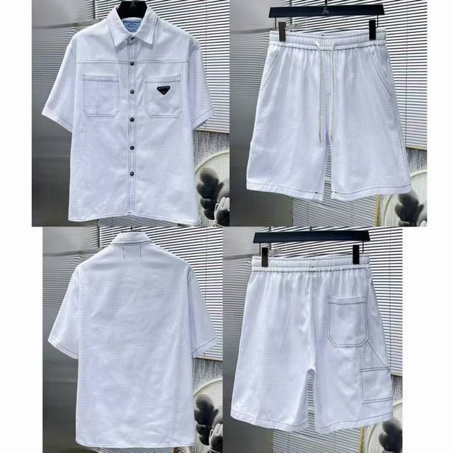 普拉达 Prada 2025夏季新款 休闲 短袖 短裤套装，高端版本！专柜定制面料 定位花 透气舒适度高，细节无可挑剔，品牌元素设计理念，体现高品质。手感细腻柔