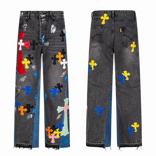 Gallery Dept & Chrome Hearts 克罗心联名大红Logo拼蓝黄黑白多色拼接水洗牛仔裤 真实还原Vintage极致质感 立体版型 宽松舒适