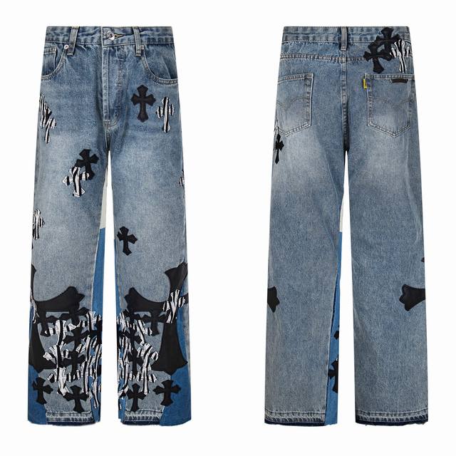 Gallery Dept & Chrome Hearts 克罗心联名拼大Logo魔王多标十字架水洗牛仔裤 真实还原Vintage极致质感 立体版型 宽松舒适不挑