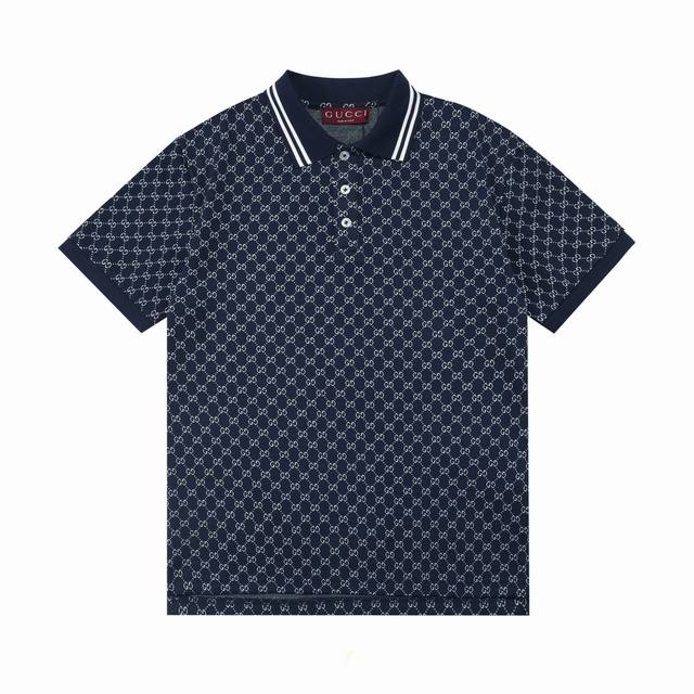 Gucci 古驰 2025新款 拼色扁机领 满印双G字母Logo 男女同款 休闲Polo衫 定制珠地面料 领标吊牌主唛三标齐全 颜色：蓝色 尺码：S M L X