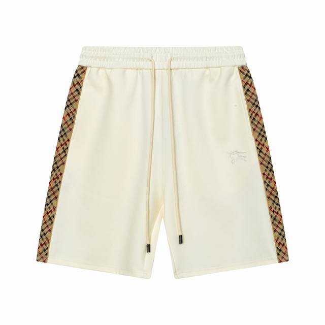 Burberry 巴宝莉 2025新款 轻奢主义 格纹织带拼接 后开袋 前面刺绣战马Logo男女日常通勤 穿搭必备 休闲短裤 定制毛圈面料 内置抽绳调节松紧裤腰
