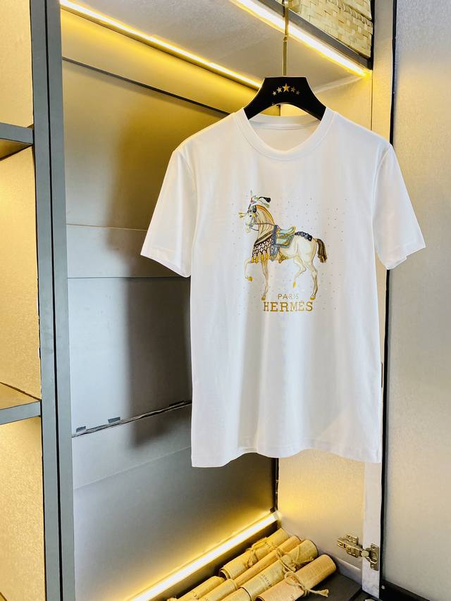 穿130斤 胖子福音 情侣款 码数：M-6Xl 爱马仕 Hermes 原单品质 2025最新款 男装短袖T恤 衣服 精选专柜订制顶级丝光棉进口面料 所有细节做工