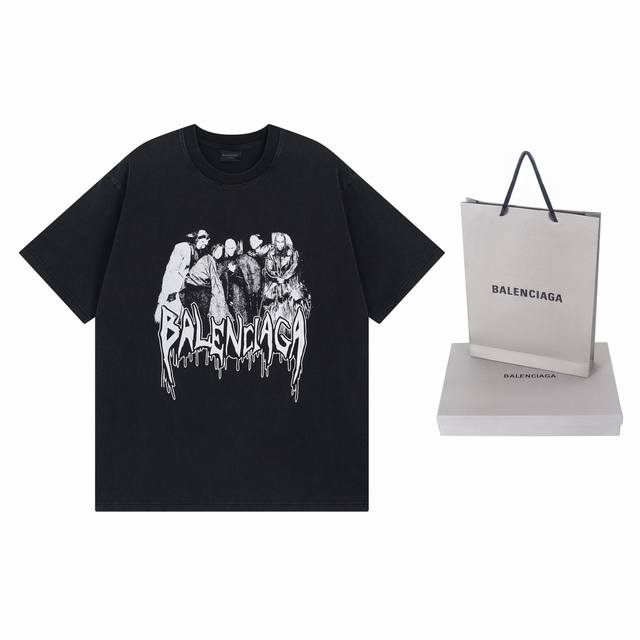 实拍图 顶级版本.官网品质 Balenci*Ga 巴黎.53季Balenciaga New. Vintage 高级限量联名短袖T恤。前面图案破坏直喷印花.成衣水