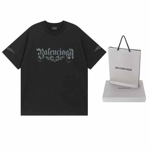 实拍图 顶级版本.官网品质 Balenci*Ga 巴黎.Ss25最新款图腾爱心印花涂鸦拉裂做旧磨烂短袖T恤.砖柜同步.第一时间正品研制，欢印对比！面料采用巴黎Z