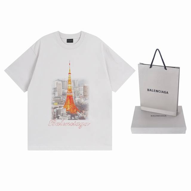 细节图 顶级版本.官网品质 Balenci*Ga 巴黎. 新款，巴黎.日本东京铁塔限定款.前后片直喷印花磨烂水洗做旧短袖T恤 新款.Y板定制.巨别市场通货。砖柜