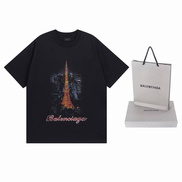 细节图 顶级版本.官网品质 Balenci*Ga 巴黎. 新款，巴黎.日本东京铁塔限定款.前后片直喷印花磨烂水洗做旧短袖T恤 新款.Y板定制.巨别市场通货。砖柜