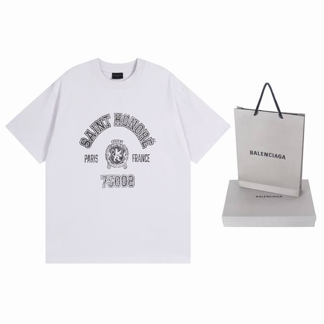 实拍图 顶级版本.官网品质 Balenci*Ga 巴黎.Ss24最新款，正面Saint-Honore艺术破坏裂纹印花短袖T恤.砖柜同步.第一时间正品研制，欢印对