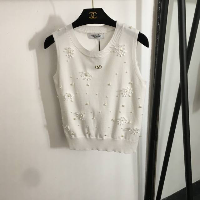 款号20253396 Valentin*新款 珍珠花朵针织背心，白色，藏蓝色，Sml， M码；胸围84，长50