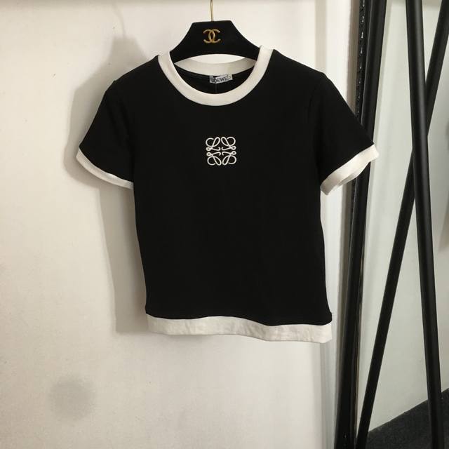 款号20253366 Loew*新款 Logo刺绣拼色圆领短袖T恤，黑色，Sml， M码；肩宽37，胸围82，袖长16，衣长54