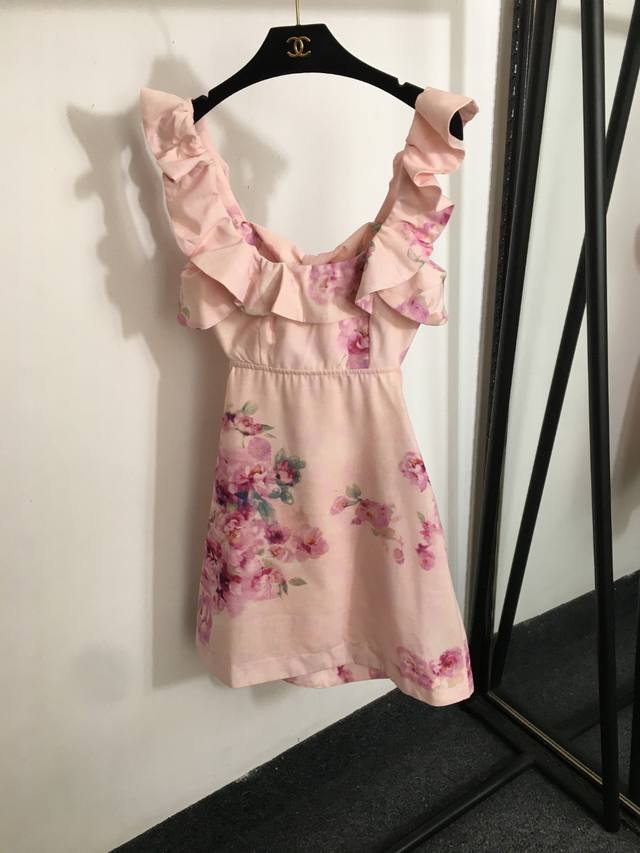 款号20251547 Zimmermann新款 气质花朵印花蝴蝶结露背荷叶边吊带连衣裙，粉色，S-Xl， M码；胸围84，腰围70，总长85