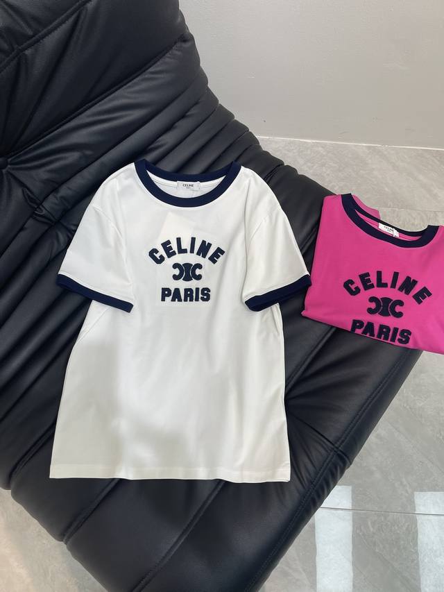 Celine撞色设计贴布绣字母图案百搭T恤！ 强烈推荐热卖款！做工品质看细节 白 玫红 Sml Aa