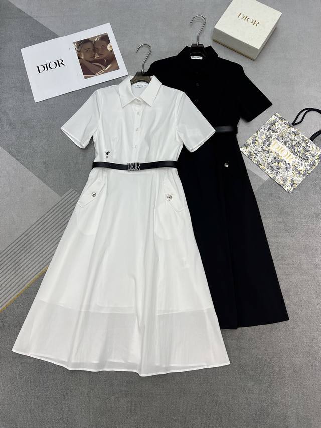 高品质Dio* 25Ss新款短袖连衣裙 纽扣式版型 小蜜蜂刺绣装饰 搭配字母腰带 高品质 两色三码Sml