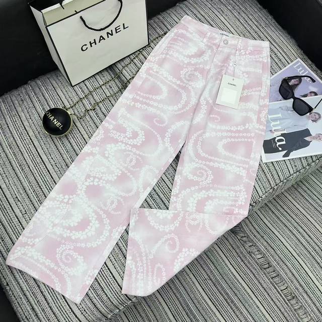 强烈推荐 25年早春夏系列 Cha*新款双C Logo印花牛仔直筒裤 2色Sml