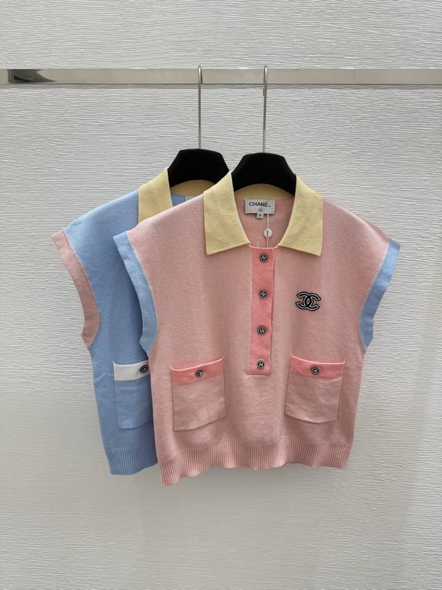 Ch家 夏季新款 翻领开衫针织背心 颜色：粉色 蓝色 尺码：36.38.40