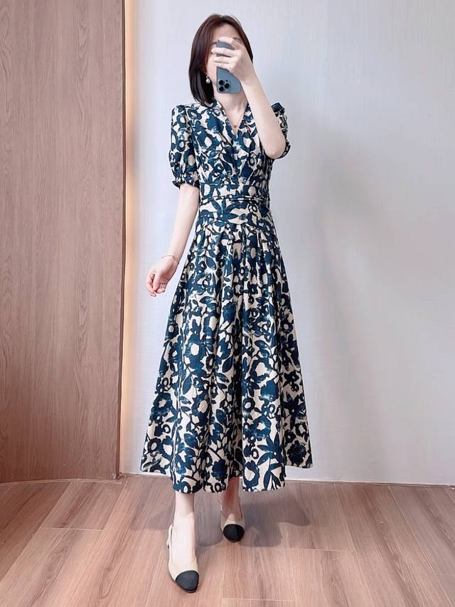 连衣裙 Max&Mara高端定制纯棉泼墨印花V领绑带收腰显瘦茶歇裙夏季新款时尚复古气质连衣裙，面料：纯棉印花；图色四码Smlxl