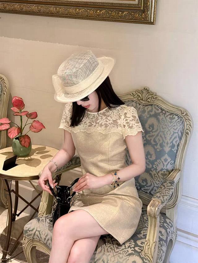 连衣裙 重磅上新！轻奢千金风穿搭！超美水溶蕾丝拼接100%酵洗亮丝亚麻连衣裙！法式气质名媛高级感修身显瘦连衣裙，高品质裙摆加长有内衬防走光！亮丝亚麻色Smlxl