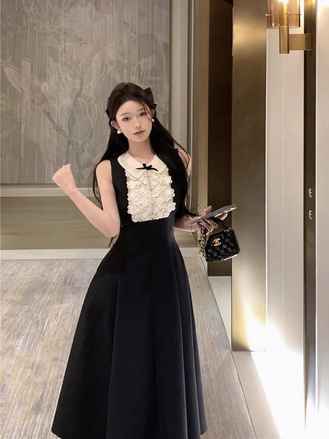 连衣裙 复古赫本风蕾丝拼接连衣裙女设计感蝴蝶结长裙 面料：斜纹绸 Smlxl S码胸围86肩宽34腰围72裙长106 每个码胸围平铺腰围相差4厘米，衣长肩宽相差