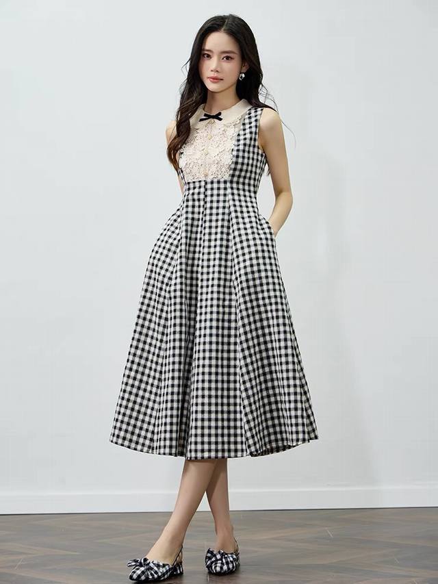 连衣裙 复古设计感撞色格子蕾丝无袖连衣裙女2025春夏新款气质优雅中长裙 面料：棉混纺 Smlxl S码胸围86肩宽34腰围72裙长106 每个码胸围平铺腰围相
