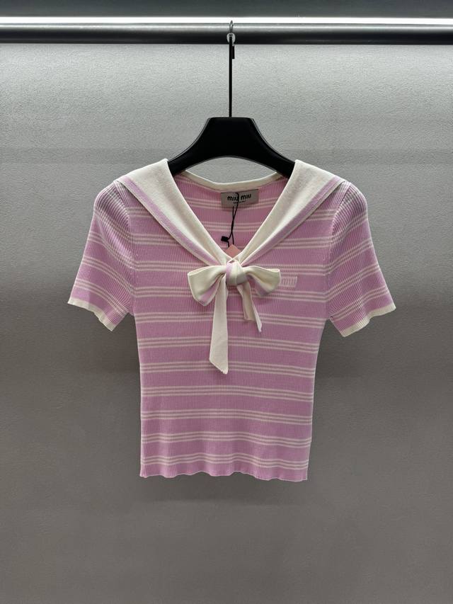 2680 Spring And Summer ！Mium*Iu粉色系少女风海军领针织短袖， 可盐可甜少女穿搭，航海系列Miu系穿搭！ 三码！