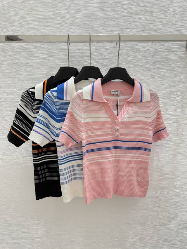 Ch家 夏季新款 翻领针织条纹短袖 颜色：白色 黑色 粉色 尺码：36.38.40