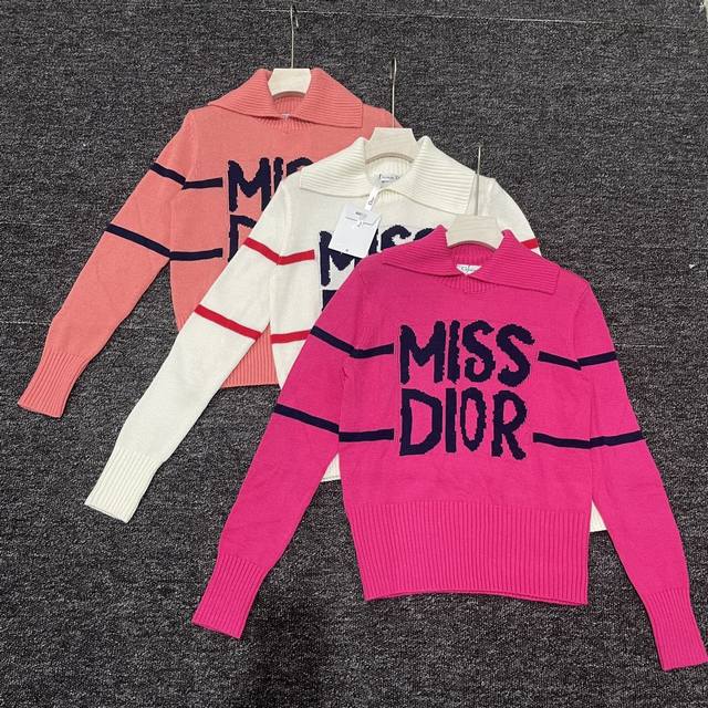 Dior迪奥新款 翻领拼色字母提花羊毛针织上衣Sml现货发