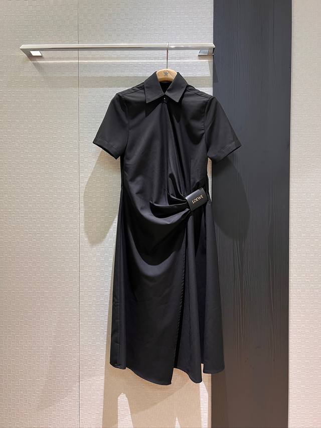 新款黑色Loewe皮标系带褶皱短袖衬衣裙 连衣裙宽松休闲 时尚通勤慵懒百搭 Sml