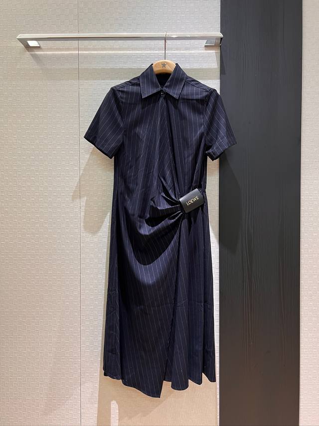 新款Loewe皮标系带褶皱条纹短袖衬衣裙 连衣裙宽松休闲 时尚通勤慵懒百搭 Sml