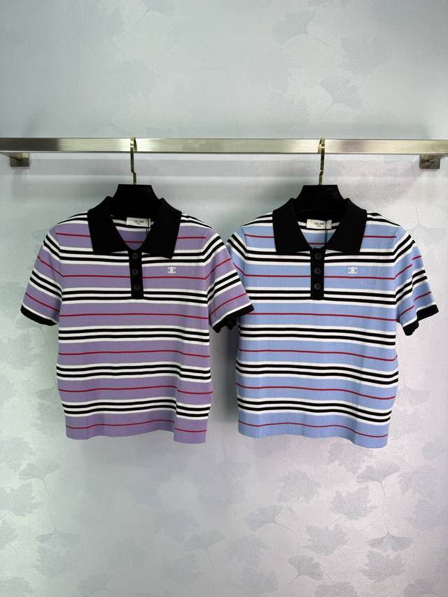 Celine 2025新款条纹Polo衫！手感超级舒服，夏天穿凉快！胸前小Logo刺绣，黑色领口配条纹设计感十足。2色3码Sml。T226B