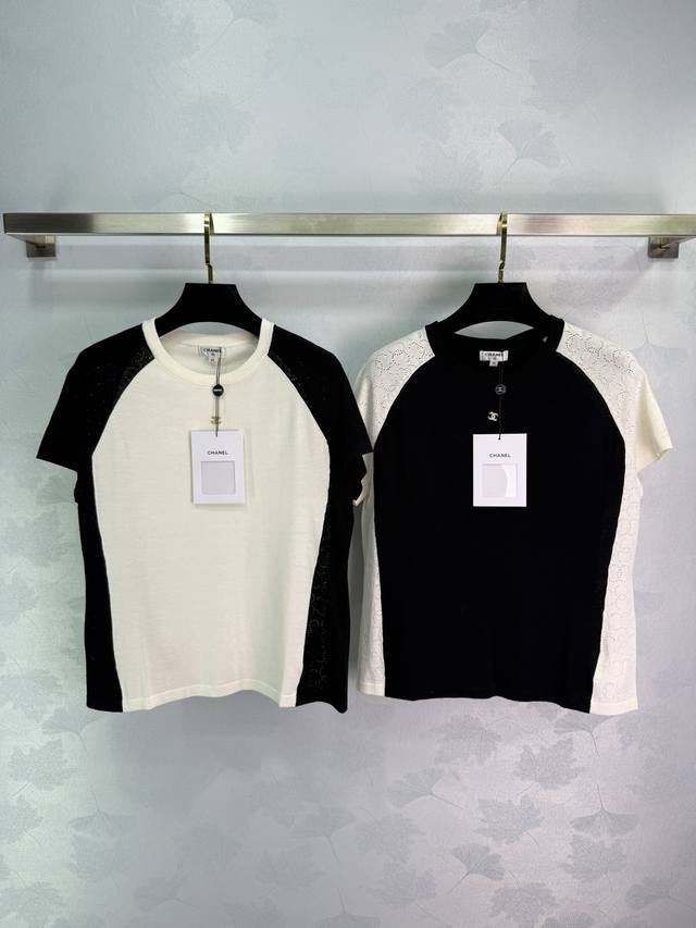 Chanel 2025新款黑白拼色针织短袖，圆领插肩袖设计，蕾丝拼接超显气质。尺码齐全36-40。面料舒适，黑白配色百搭。2色3码Sml 。T226B