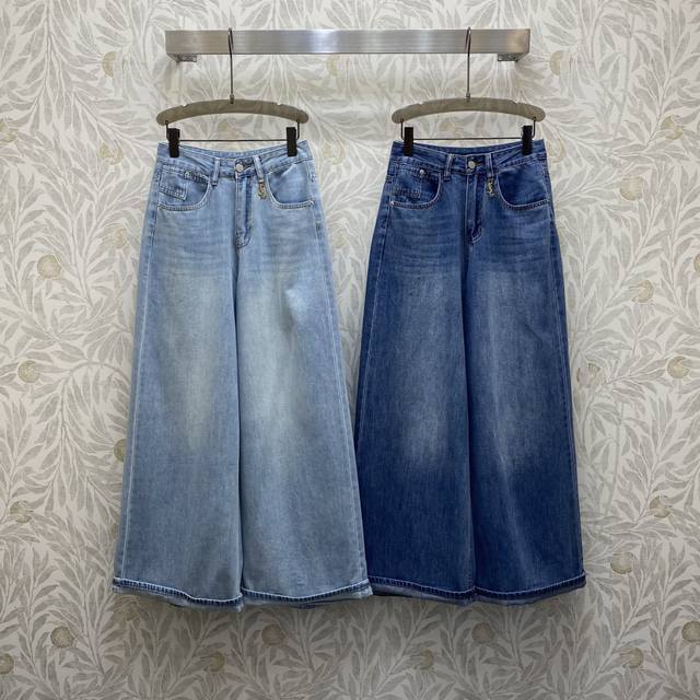 Sl*25Ss 重工定位洗水气质高腰金属扣点缀阔腿牛仔裤，高级面料，颜色:图片2色，面料：牛仔棉面料 Smlxl
