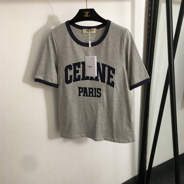 款号20253472 Celin*新款 Logo刺绣字母短袖T恤，灰色，蓝色，Sml， M码；肩宽37，胸围92，袖长26，长61