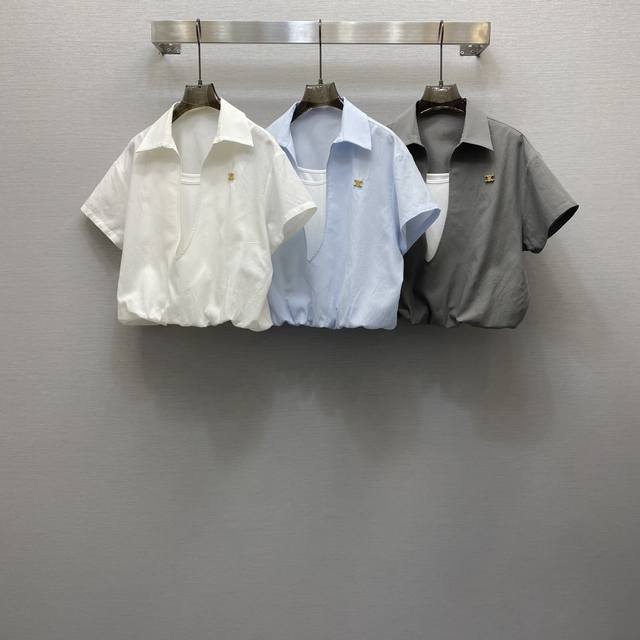 C*25Ss 性感V领金属扣点缀假两件设计上衣，高级面料，颜色:图片3色，面料：亚麻精纺棉面料 Smlxl