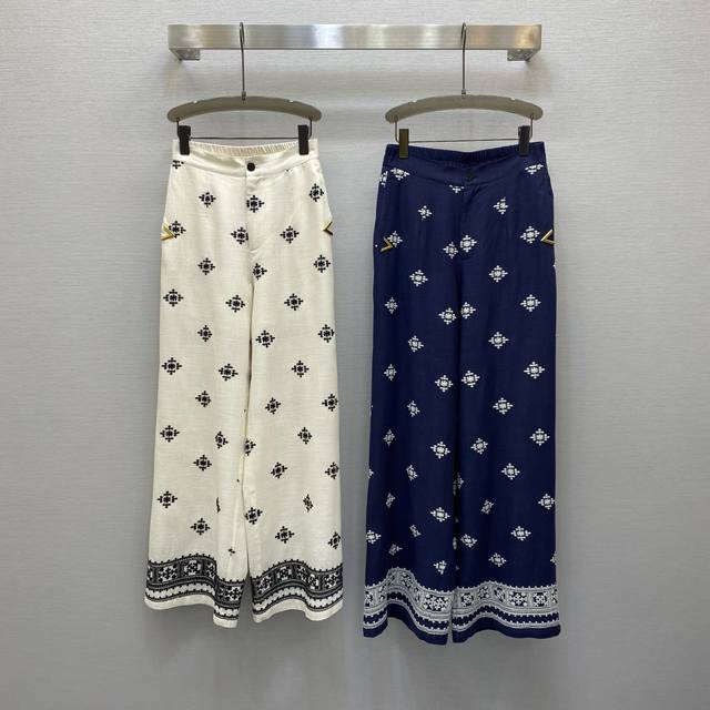 Va*25Ss 重工定位绣花气质高腰金属扣点缀阔腿长裤，高级面料，颜色:图片2色，面料：刺绣亚麻面料 Smlxl